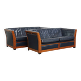 2 canapés Art Déco 2,5 places en cuir de vachette bleu foncé