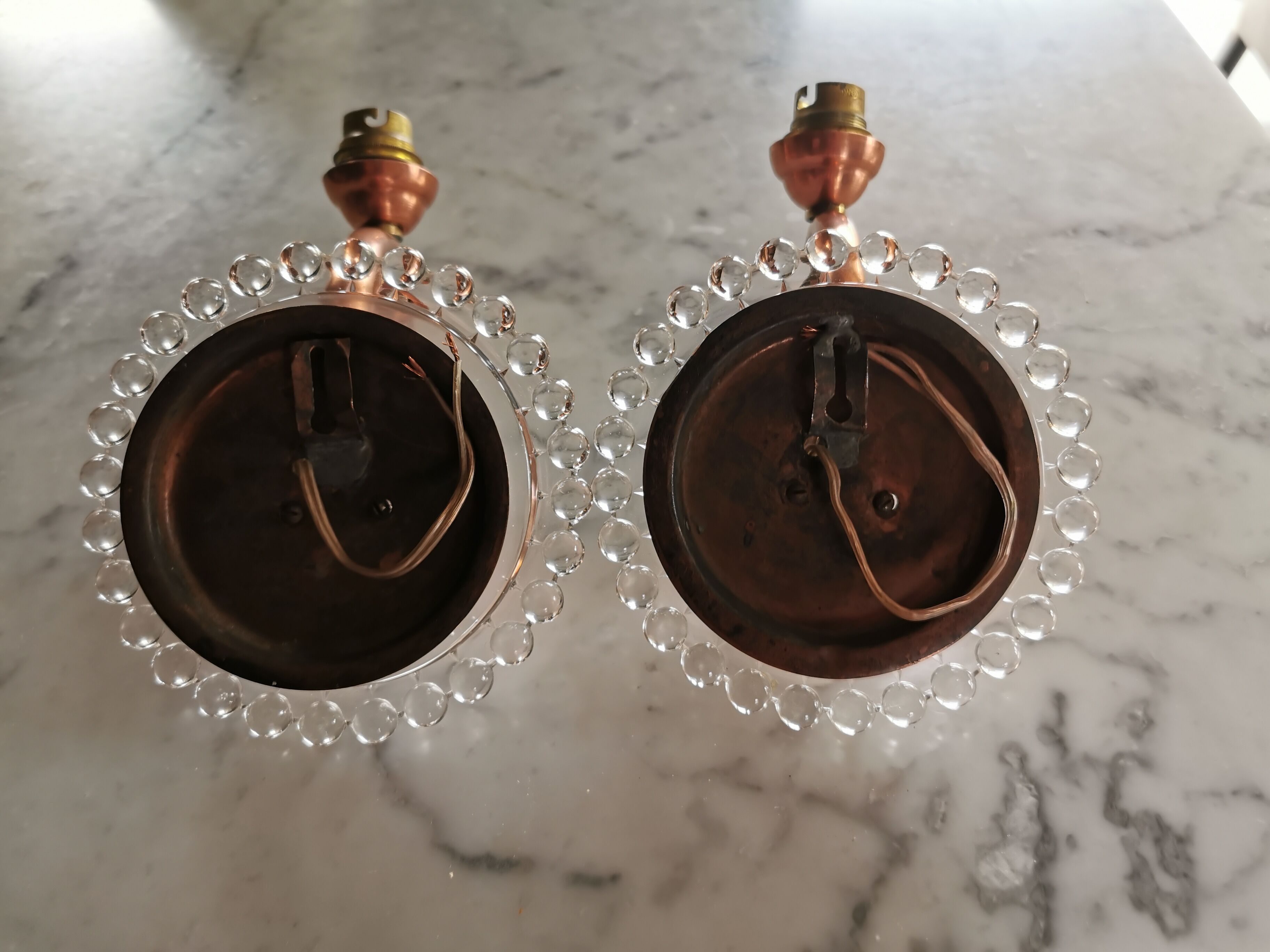 Pair of art deco wall light in glass and copper