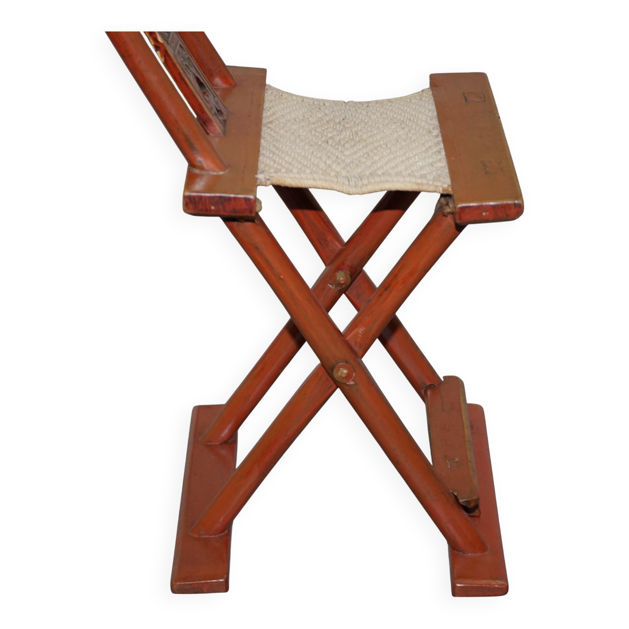 Chaise pliante chinoise antique avec sculptures, vers 1900-1920