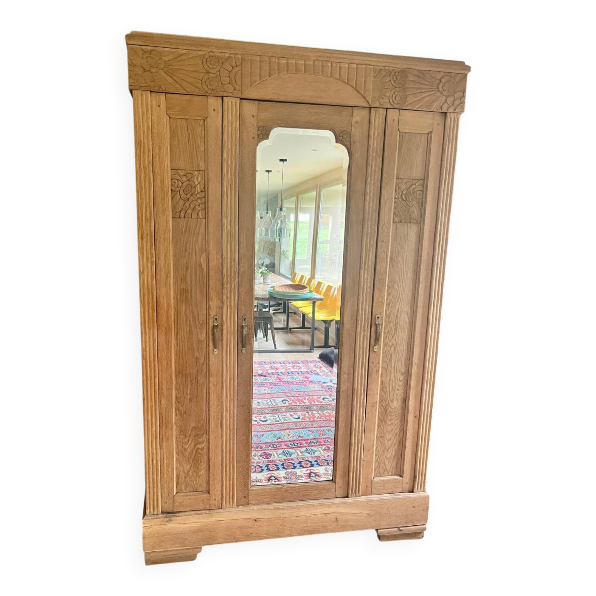 Solid raw oak wardrobe with Art Deco mirror