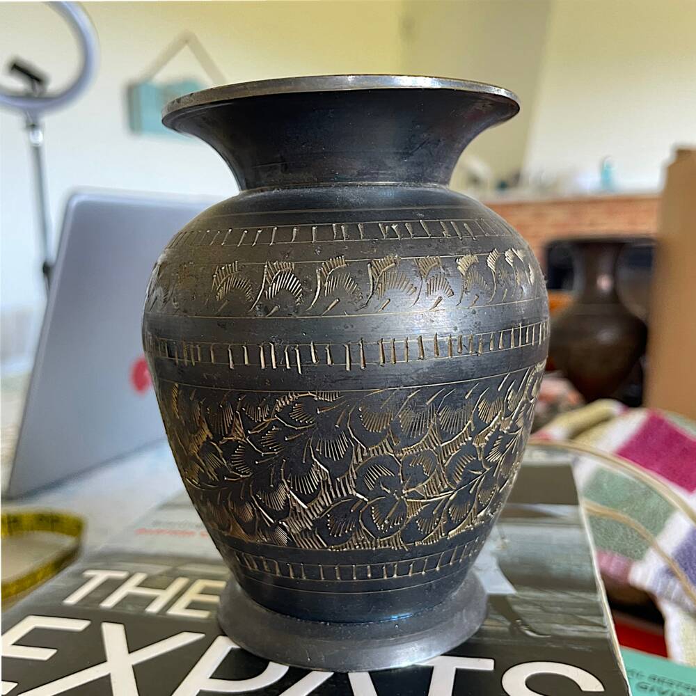 Pair vintage Oriental etched brass vases