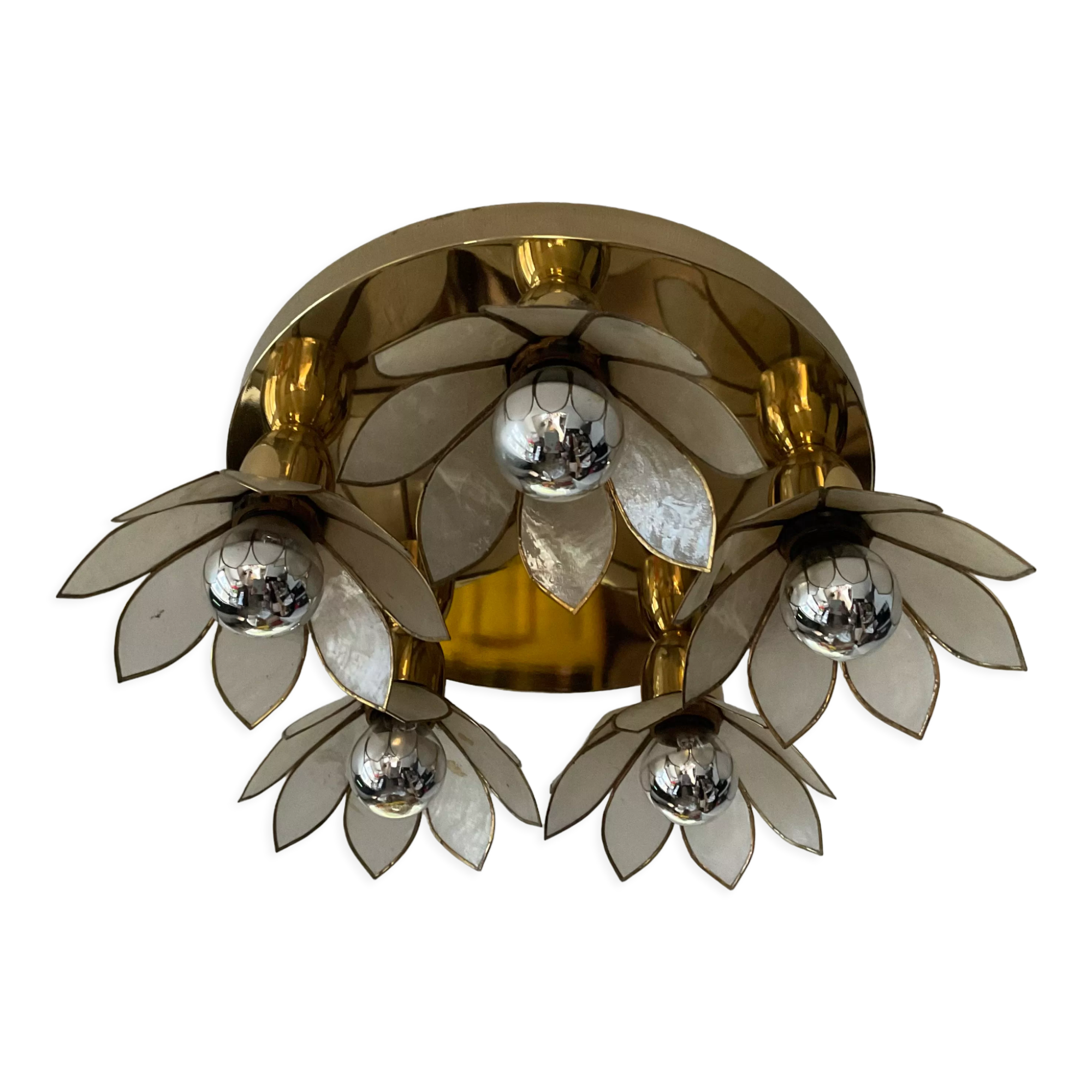 Vintage ceiling lamp in brass and mother-of-pearl 60s-70s