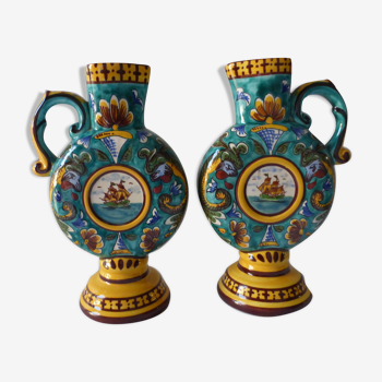 Pair of vases in polychrome faience. Decoration of sailboats