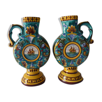 Pair of vases in polychrome faience. Decoration of sailboats