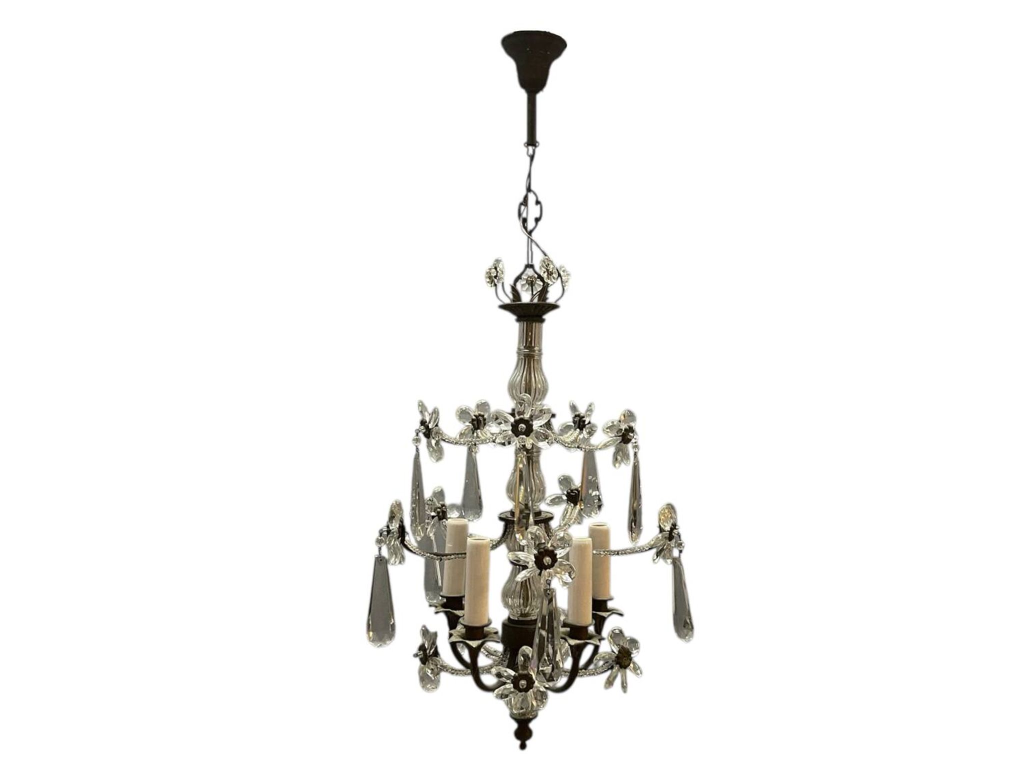 Chandelier en bronze avec fleurs en perles de cristal des années 1950