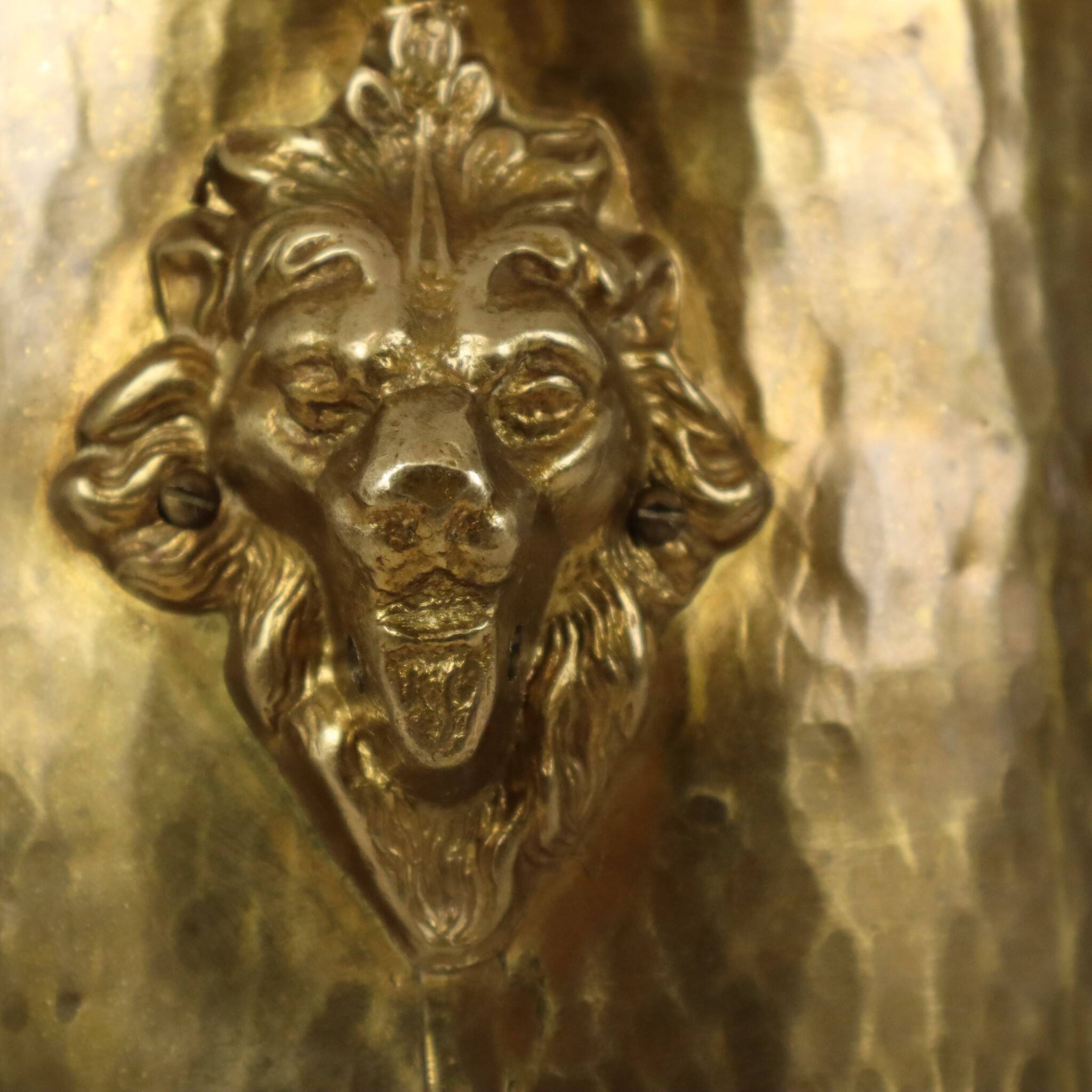 Large Hammered Brass Jardinière/Planter with Lion Heads