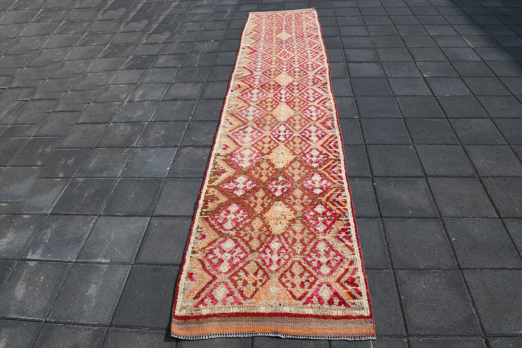 Tapis de Couloir Turc Vintage, Laine Rouge & Beige Géométrique, 83x388 Cm