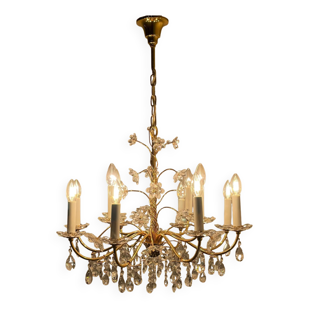 Lustre En Cristal Et Laiton Doré - 7 Lumières - H 70 Cm X L 42 Cm - Occasion Parfait