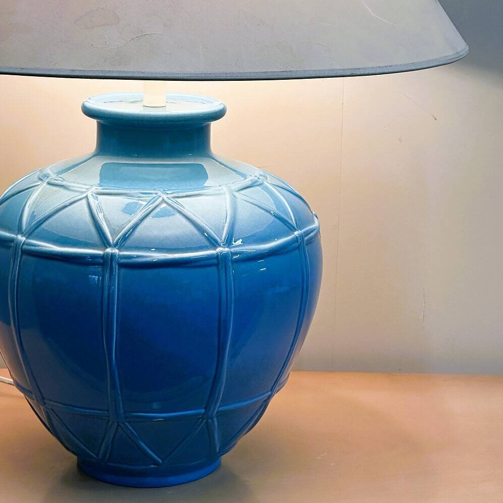 Louis Drimmer French ceramic lamp – blue glazed base, 1980s, France