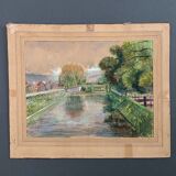 Watercolor on paper by Félix Labbé Brive-la-Gaillarde bord de canal XXe