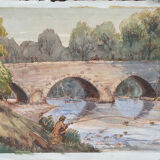 Watercolor painting "the fisherman, lively river landscape"