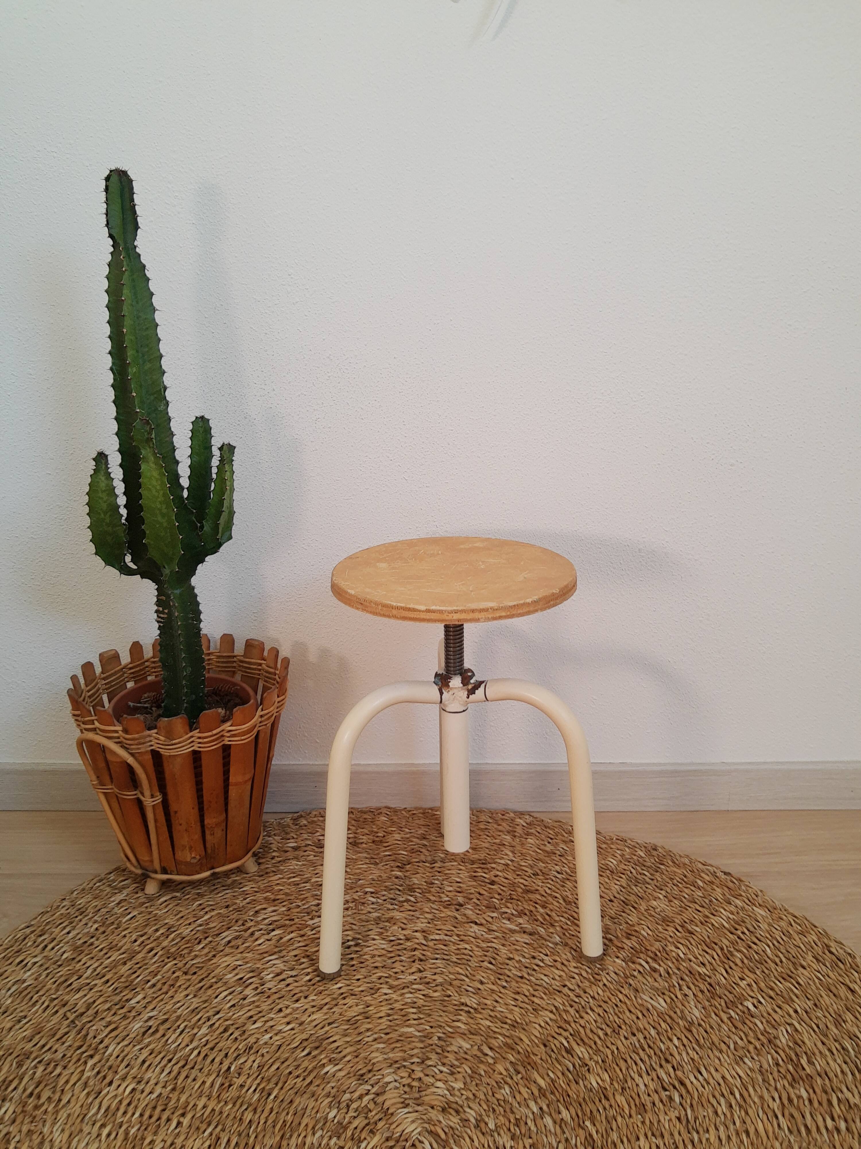 Wood & metal tripod workshop stool with industrial screws