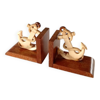 Wood and Bakelite bookends with marine anchors