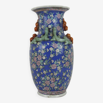Vase en céramique vintage Chine années 1900 décoration florale multicolore peinte à la main avec des lézards CM3