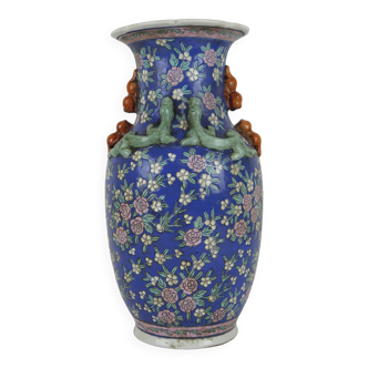 Vintage ceramic vase China 1900s multi color floral hand painted decoration with lizards CM3