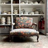 Louis XV style marquise in black and gold wood and jacquard, Napoléon III period.