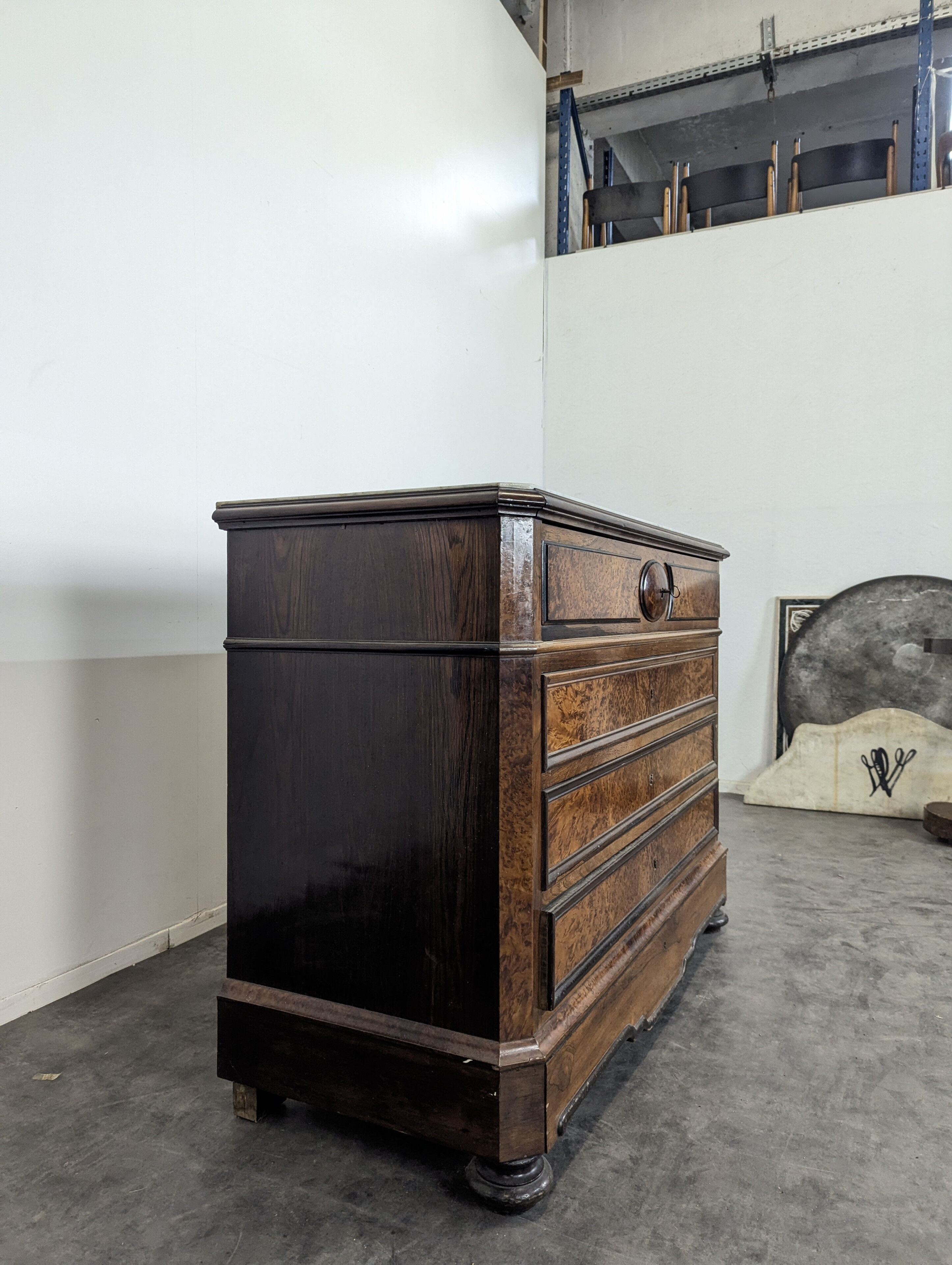 Elm burl and rosewood secretary chest of drawers