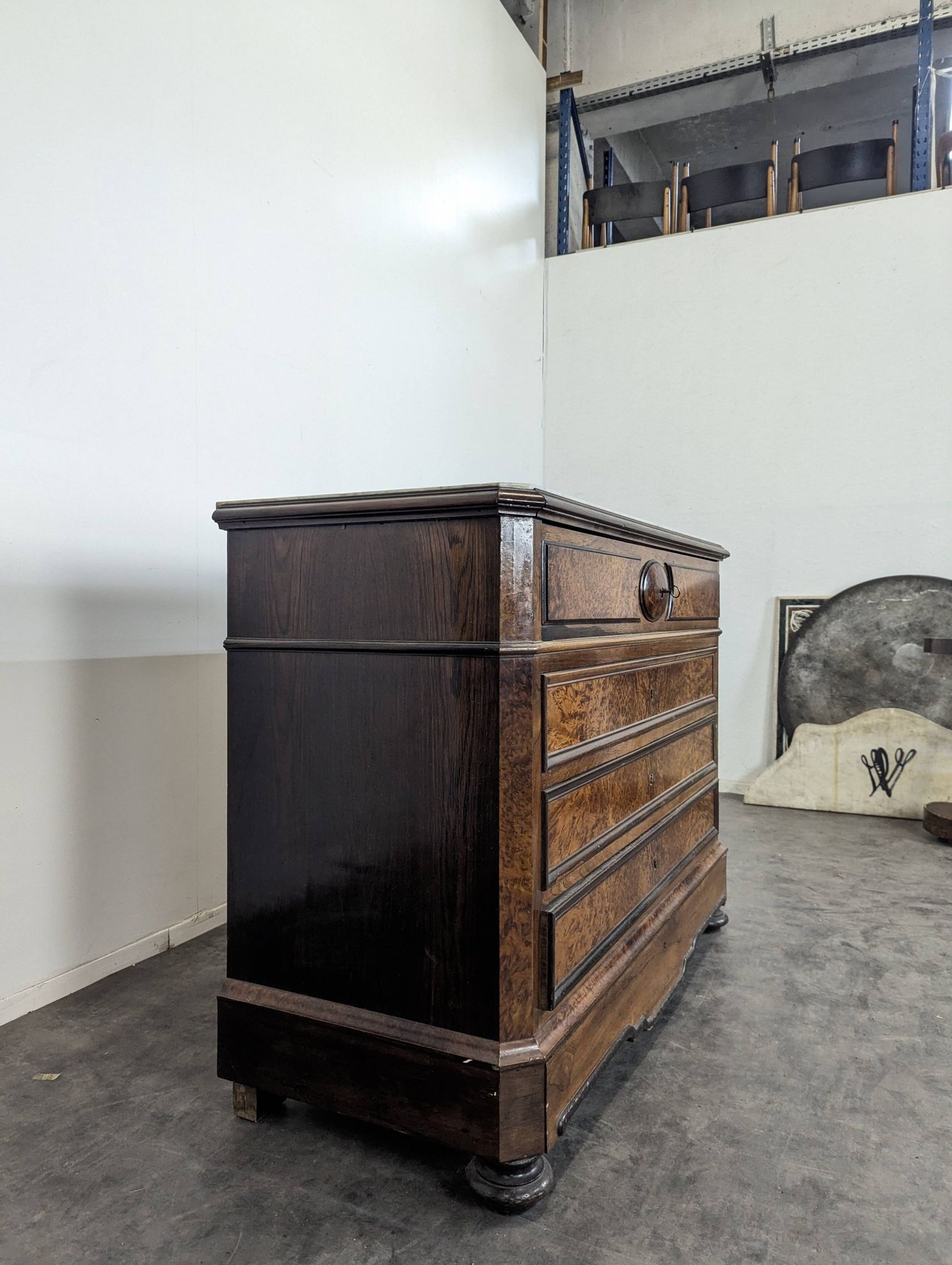 Elm burl and rosewood secretary chest of drawers