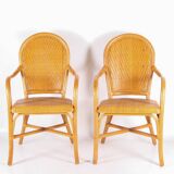 Paire de fauteuils en rotin et cuir tressé