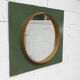 Unusual round wall mirror, 60 cm, teak edge on a green rectangular board, 1960s
