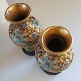 Pair of copper vases, partitioned enamel with support