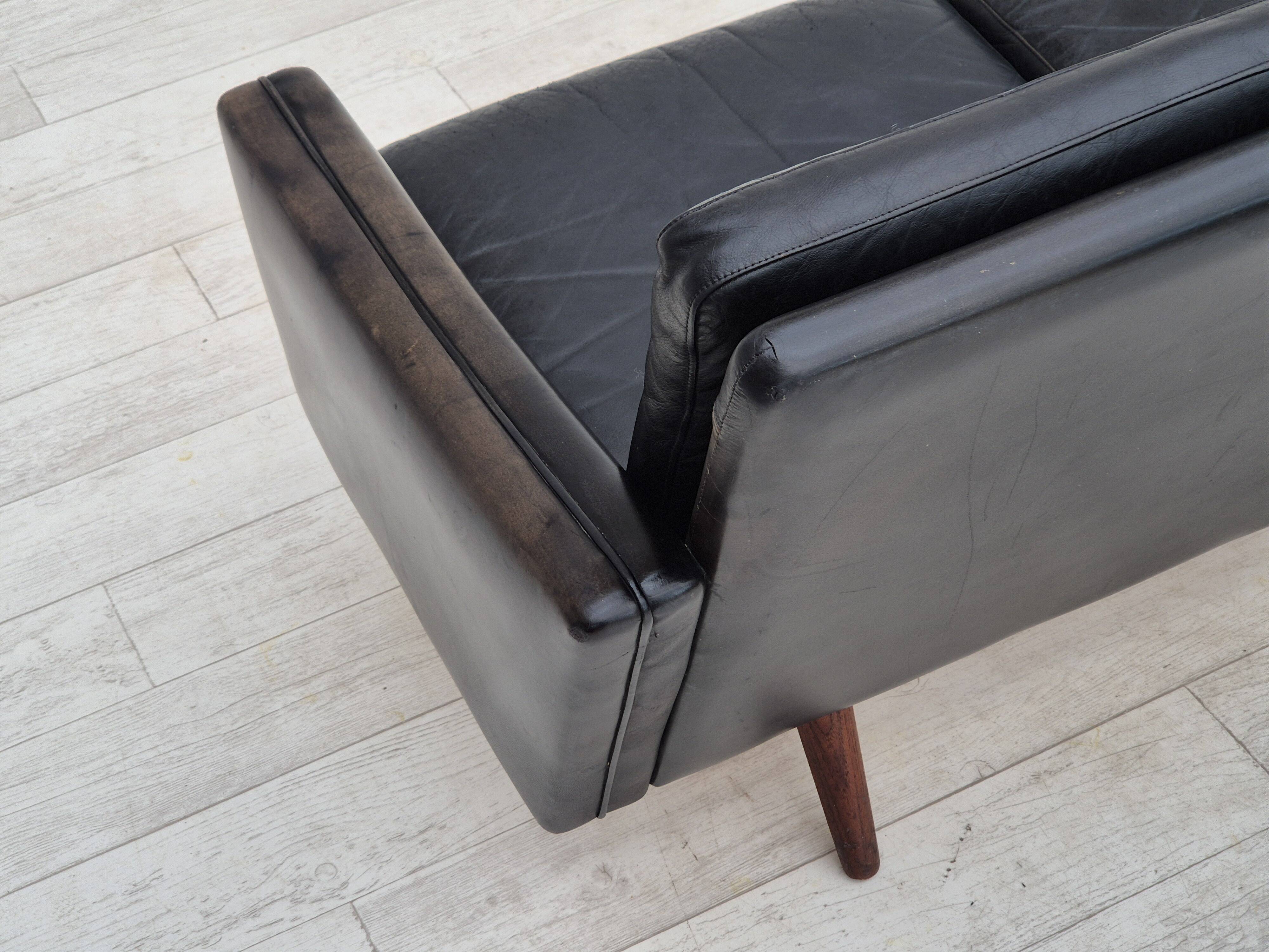 1970s, Danish design, 3 seater sofa, original condition, leather, teak wood.