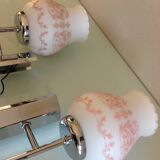Pair of white opaline and chromed metal / vintage wall lamp 60s-70s