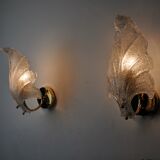 Pair of frosted leaf sconces, murano glass, italy, 1970
