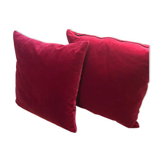 2 raspberry red velvet cushions