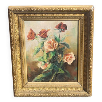 Peinture à l'huile originale antique de rosiers