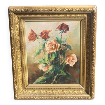 Peinture à l'huile originale antique de rosiers