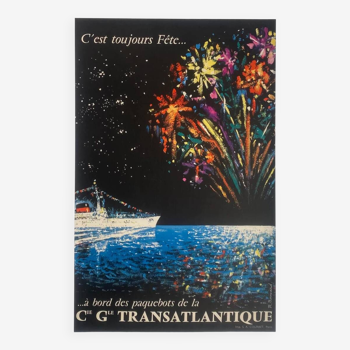 Affiche original Compagnie Générale Transatlantique par René Bouvard 1958 - Petit Format - On linen