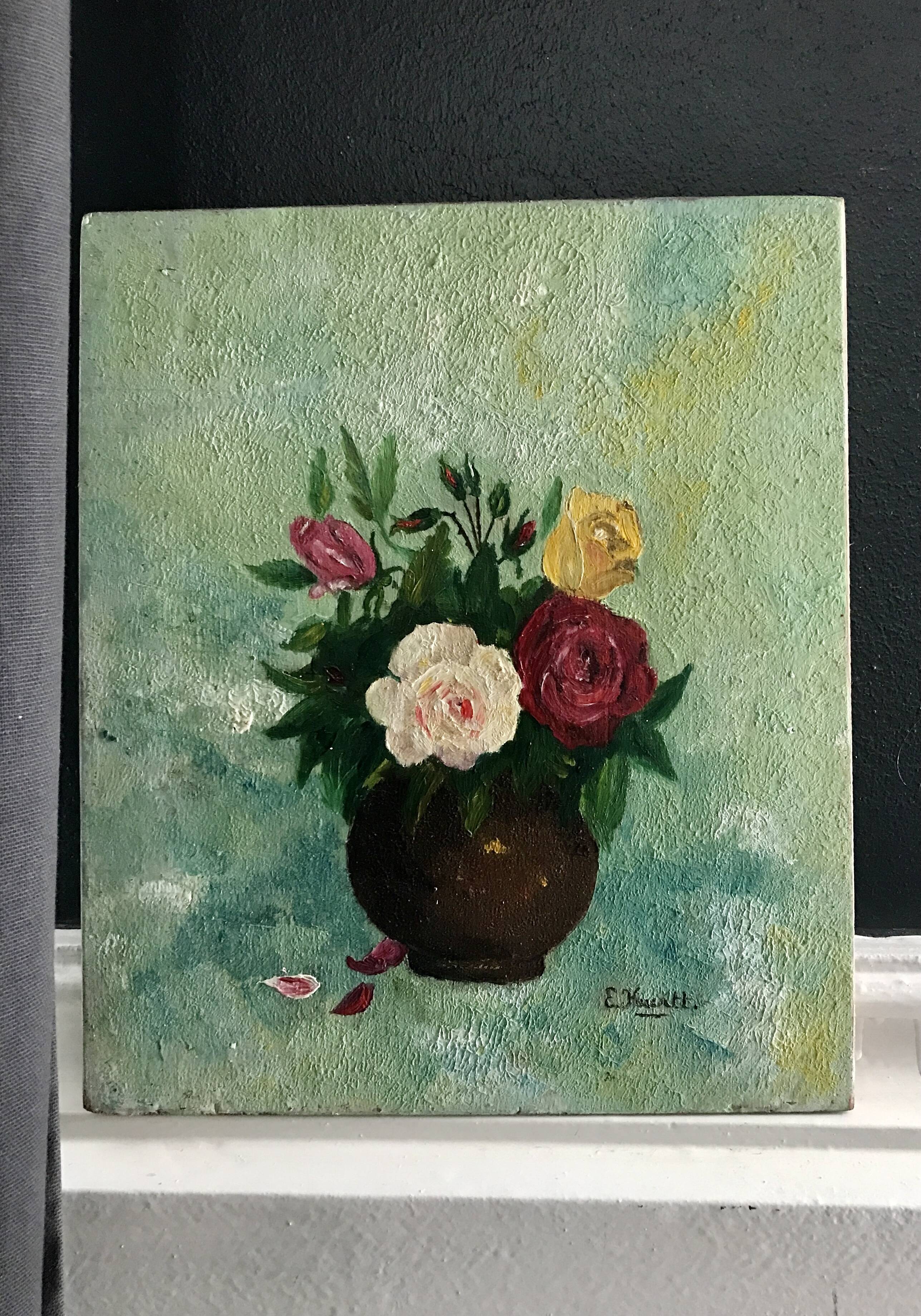 Small old still life painting of a bouquet of roses