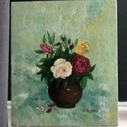 Small old still life painting of a bouquet of roses