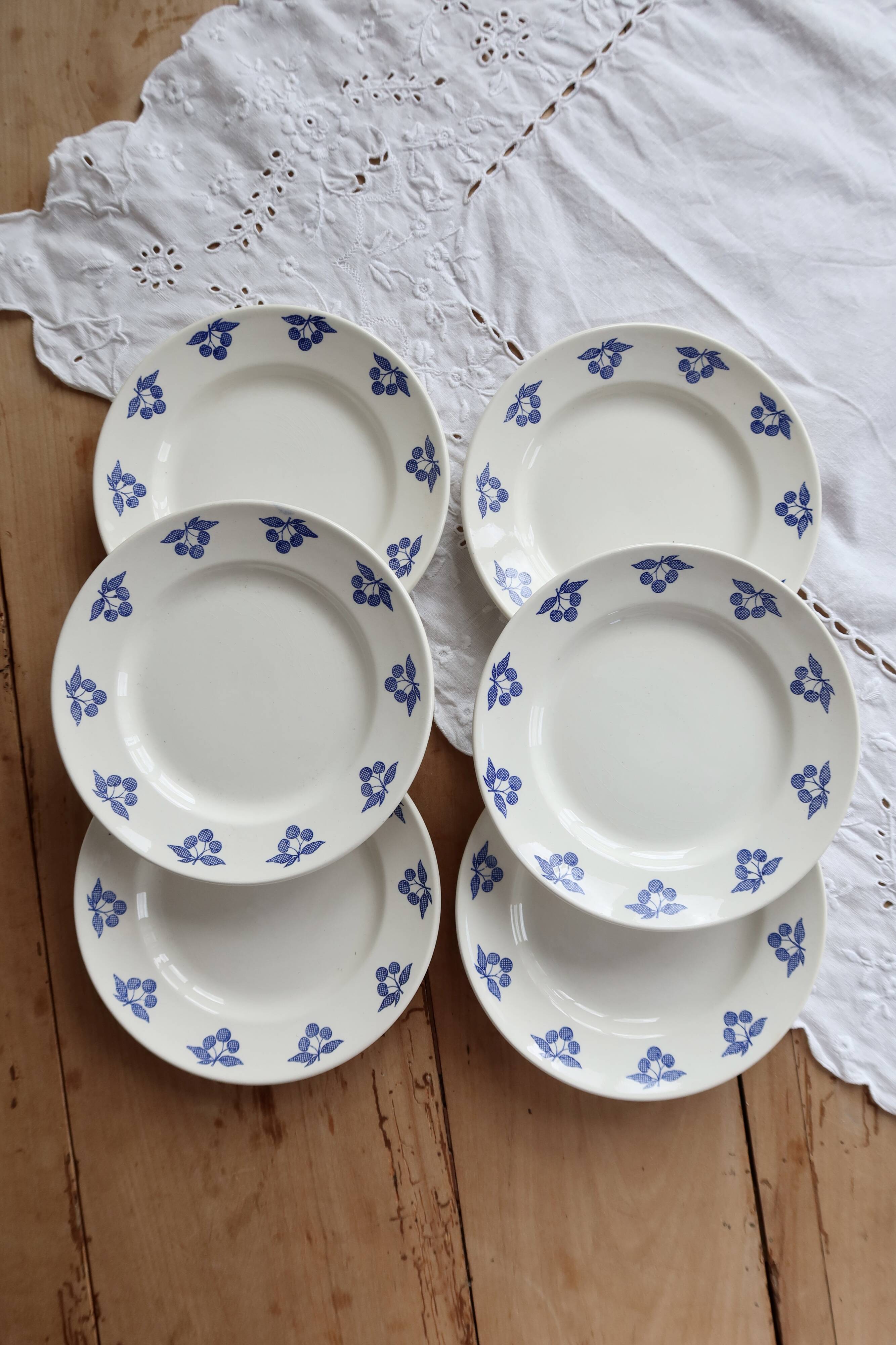 6 vintage white earthenware dessert plates - Blue cherry design