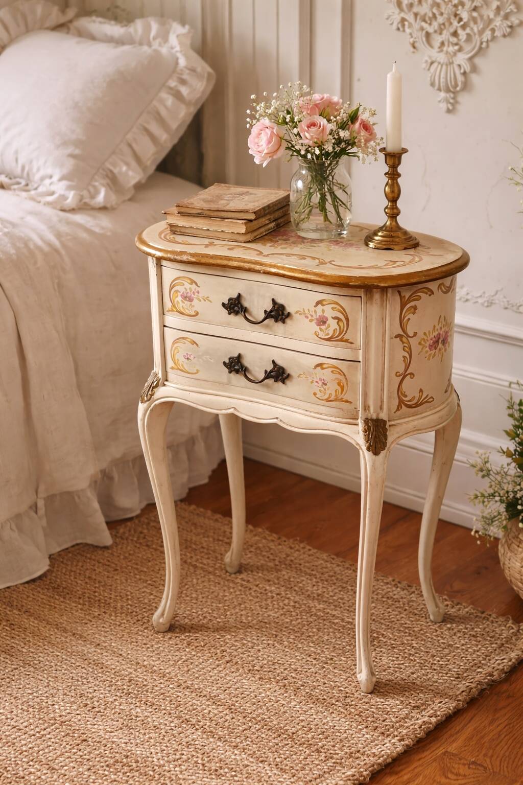 Curved bedside table painted with floral shabby decor – Louis XV style