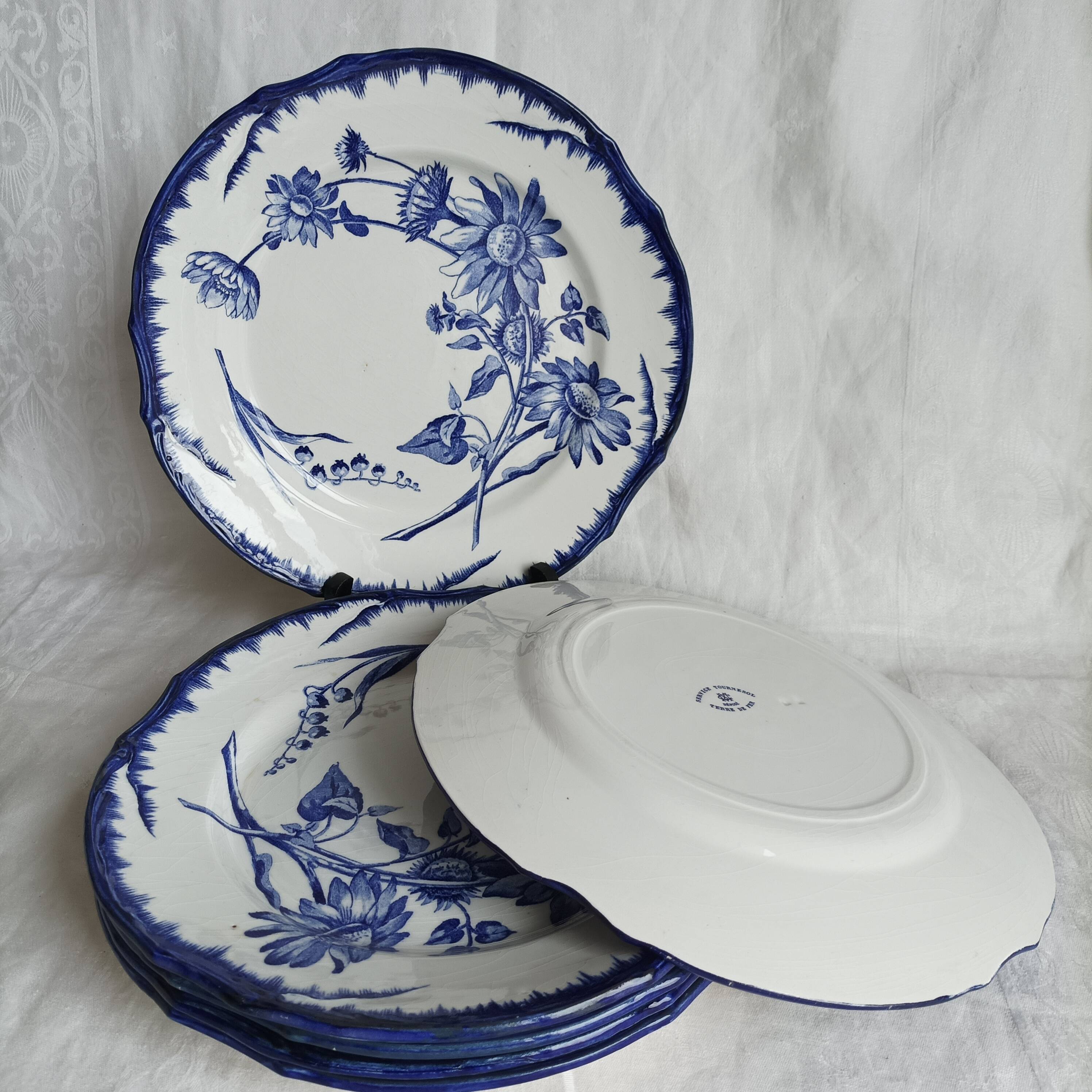6 antique plates Creil & Montereau Sunflower model blue – 19th century