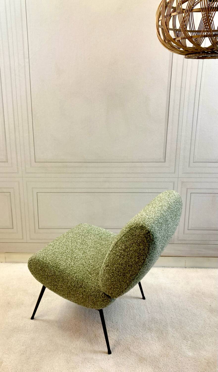 Chauffeuses vintage Kiss Pelfran rénovées – tissu bouclé vert