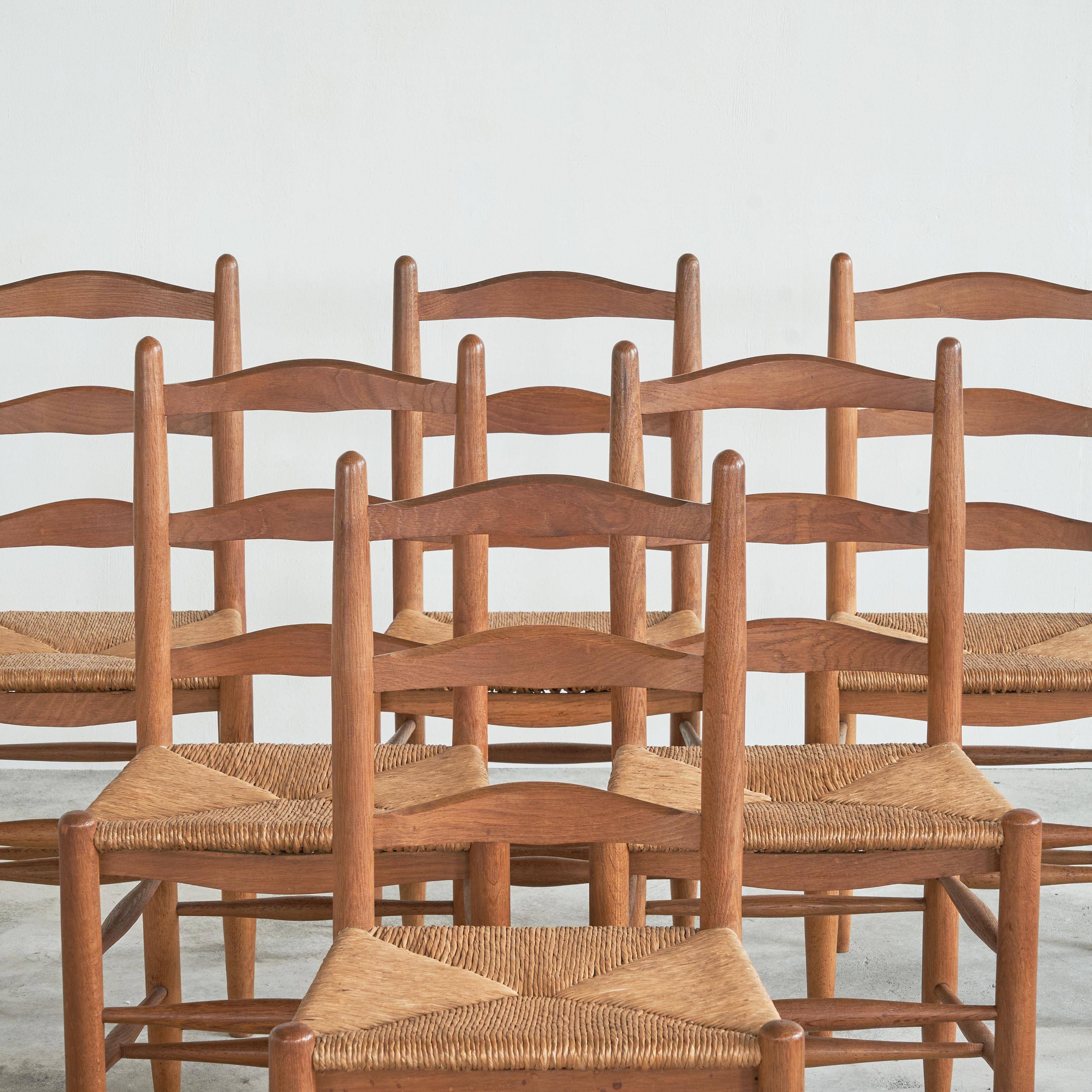 6 solid oak and woven bamboo chairs, mid-century, 1950s
