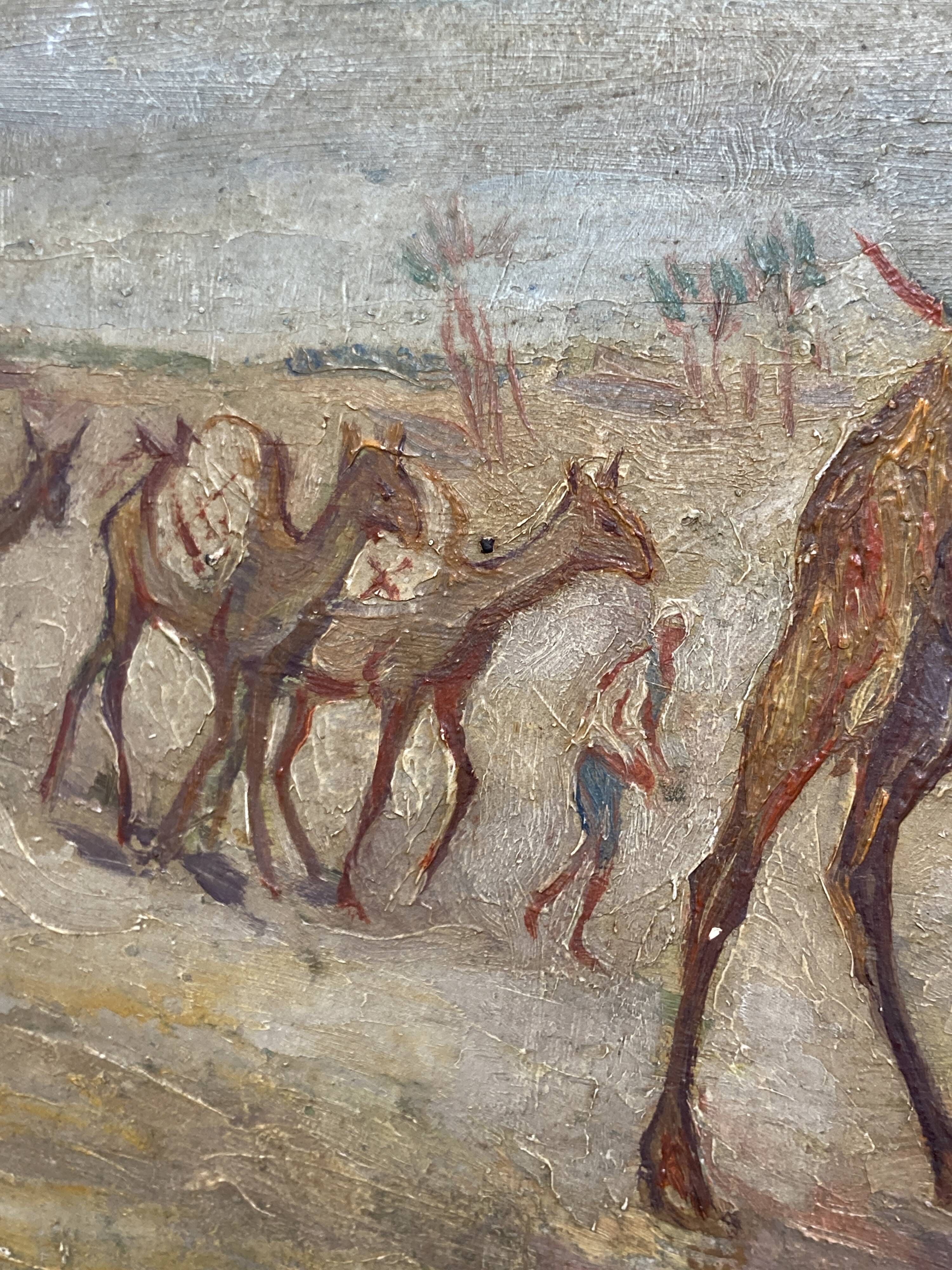 Oil on wood representation of camels.