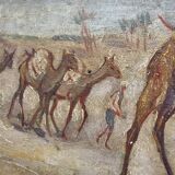 Oil on wood representation of camels.