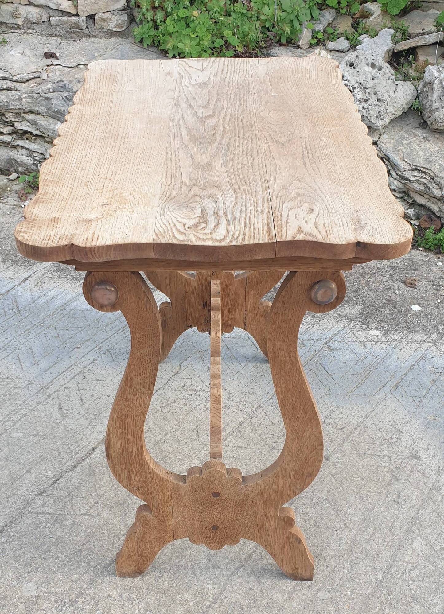 Lyre leg table in natural wood, one drawer, vintage