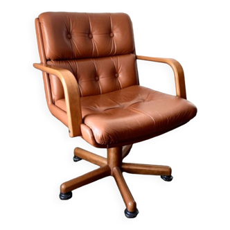 Fauteuil de direction pivotant en cuir vintage camel - design italien par Co.Fe.Mo - 80’s