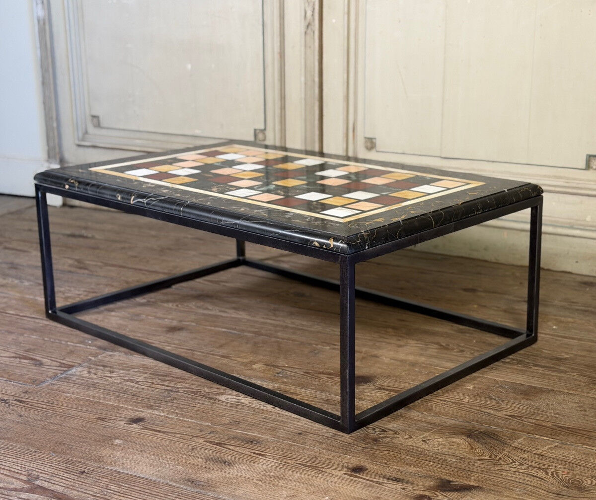 Coffee table, marble samples, custom metal base.