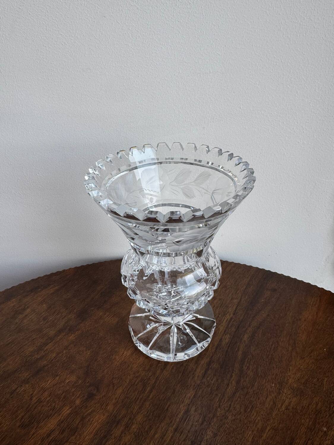 Cut and engraved crystal vase – vintage floral decoration