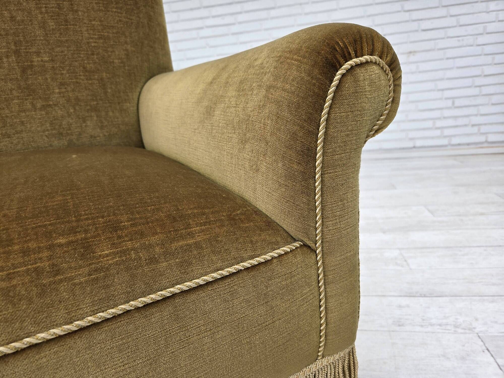 1950s, 2 seater sofa/daybed, light green furniture velour, ash wood legs.
