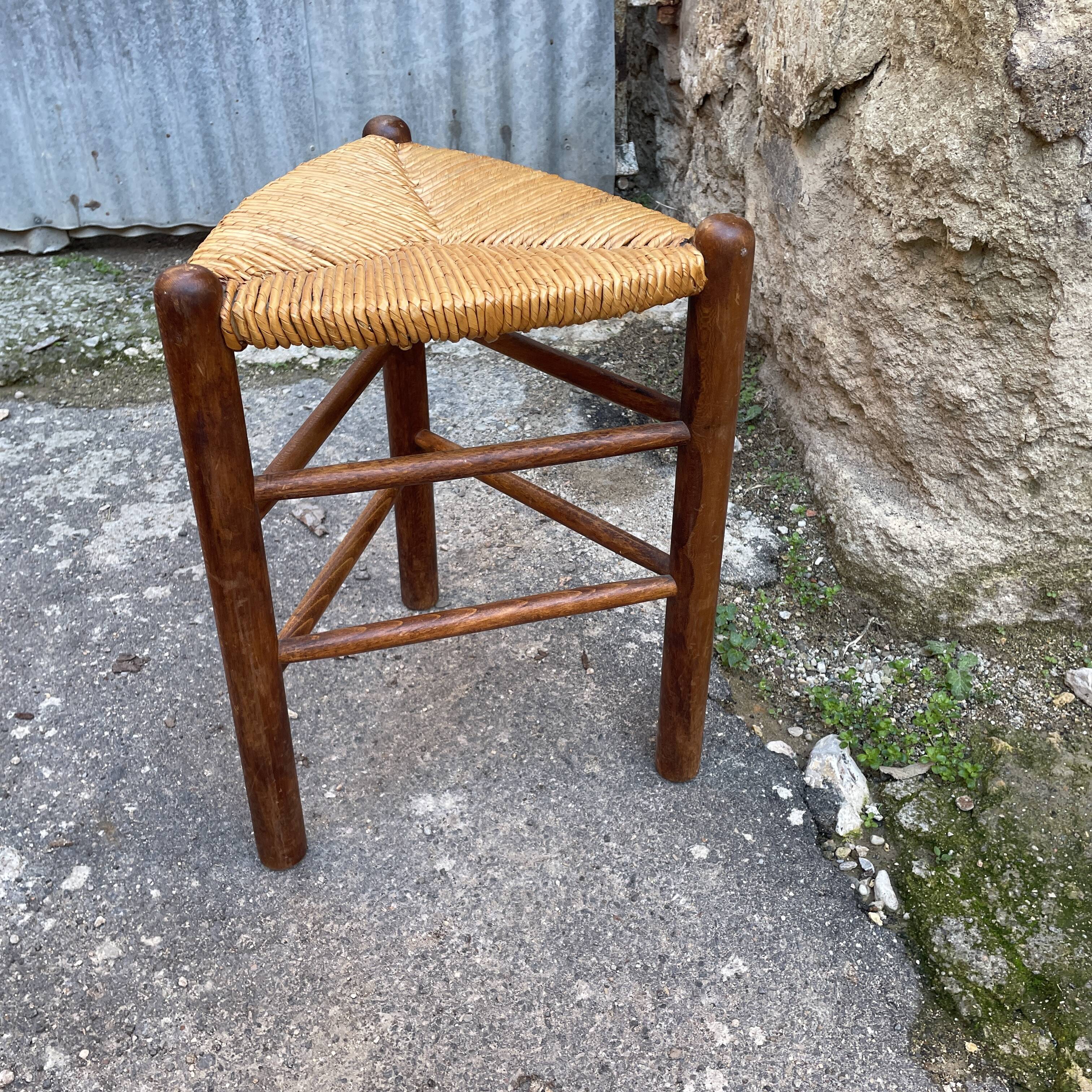 Pair tripod stool vintage design wood and straw