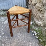 Pair tripod stool vintage design wood and straw