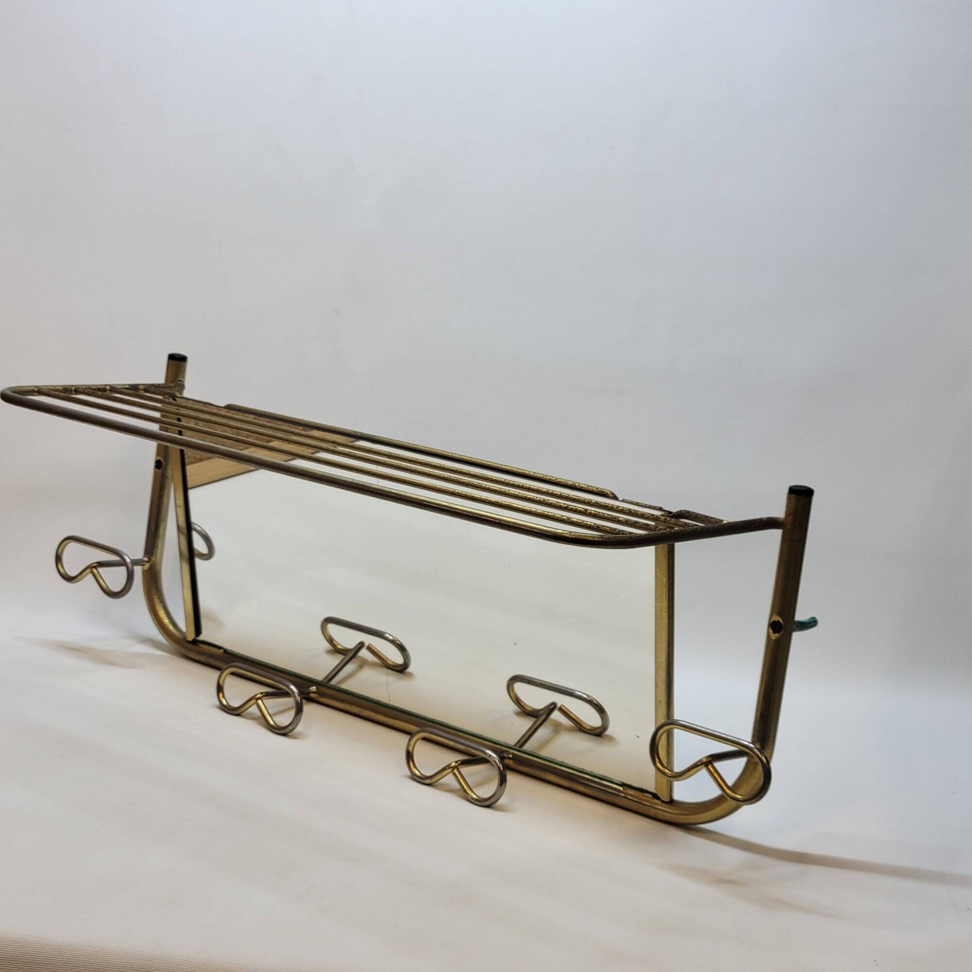 Coat rack with 4 hooks with shelf and vintage mirror in golden metal