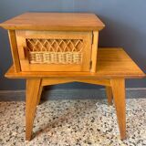 1950s wooden and rattan bedside table